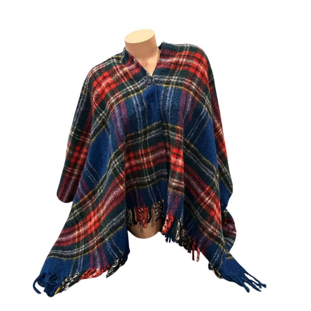 Vintage‎ Marshall Field Wool Blanket Poncho Cape Shawl Fringe Red Blue Plaid